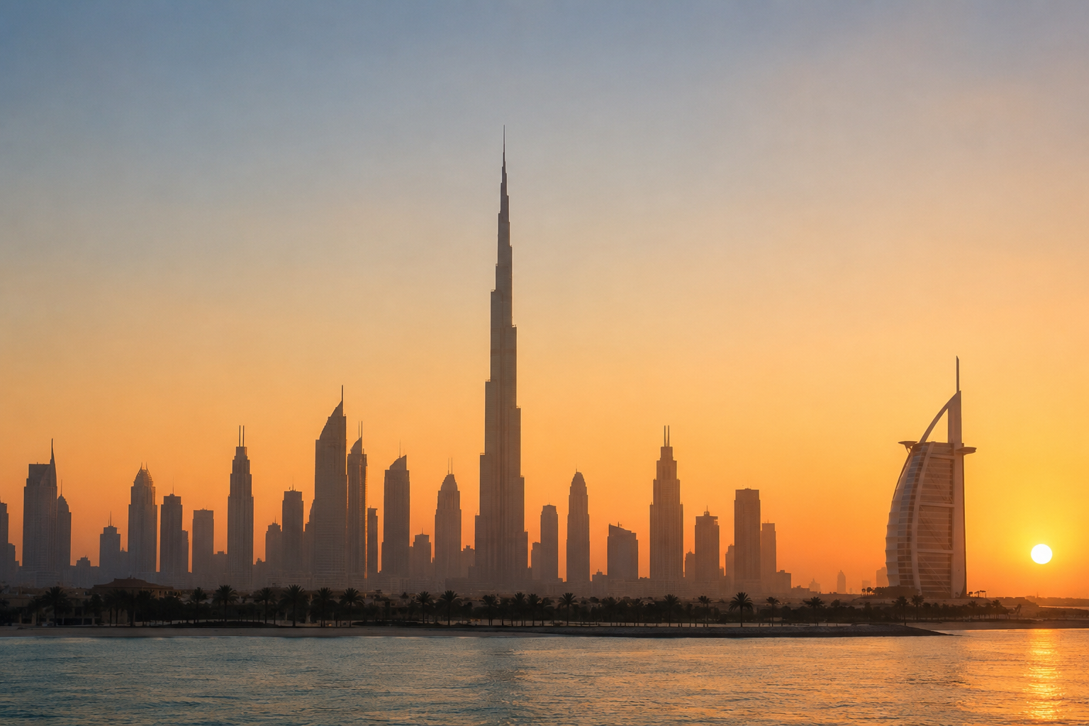 Dubai skyline with Burj Khalifa and Burj Al Arab at sunset