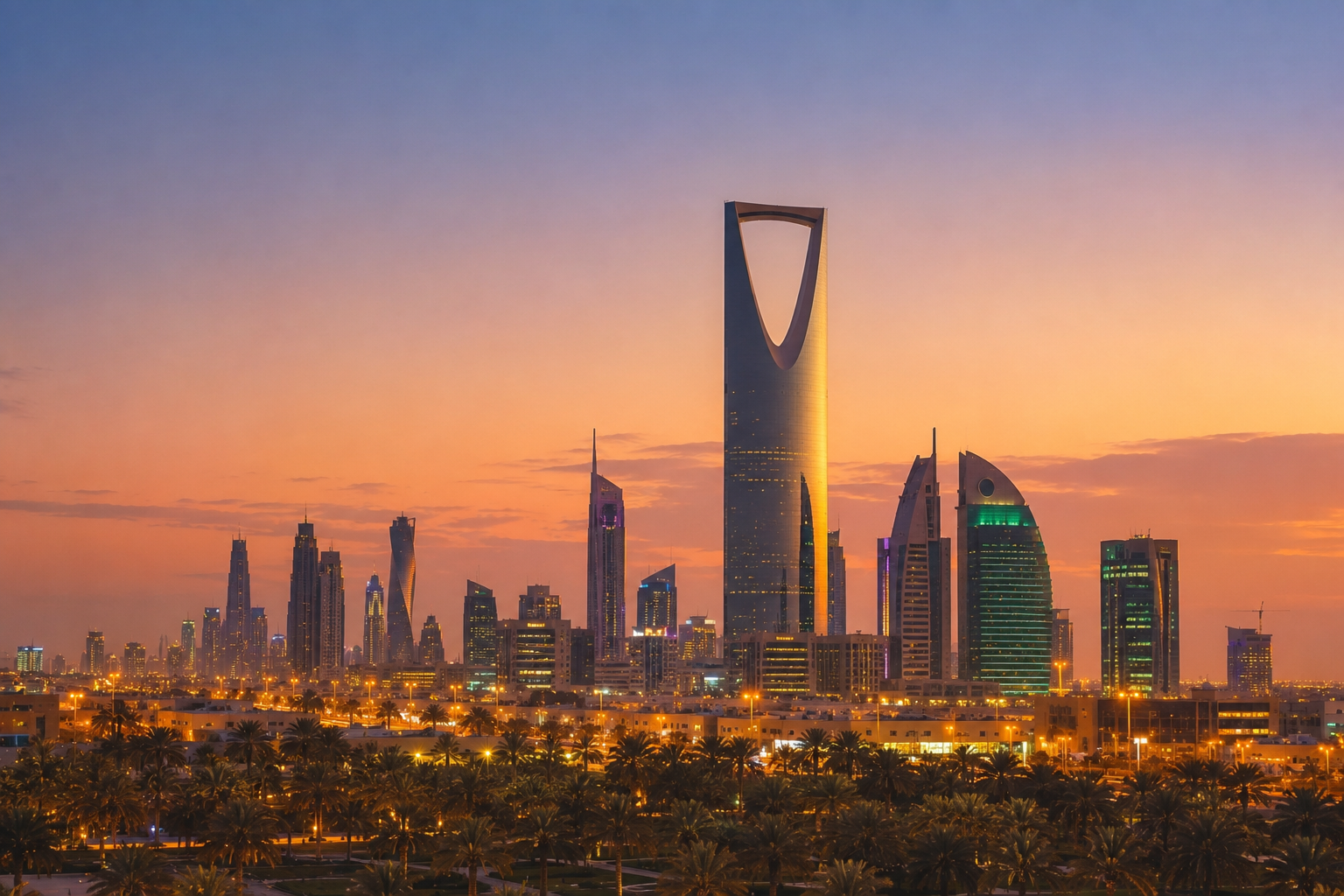 Riyadh skyline at sunset with desert dunes