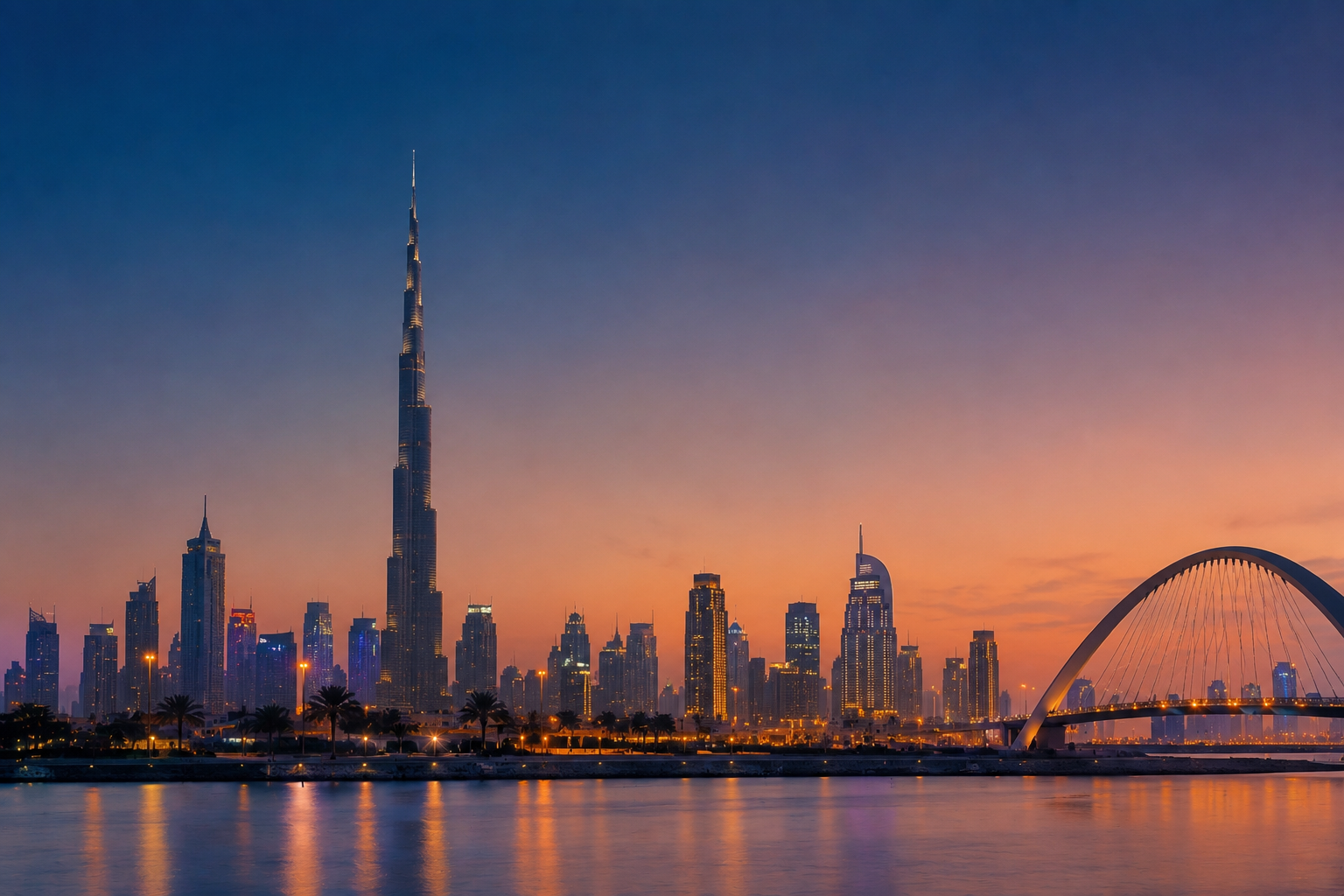 Dubai skyline with Burj Khalifa at dusk