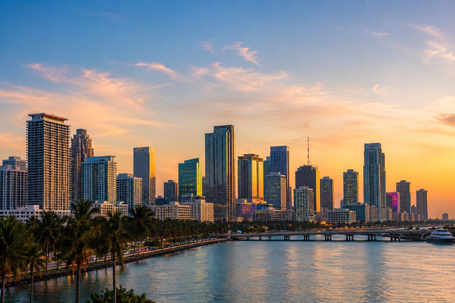 Miami Brickell waterfront skyline at sunset